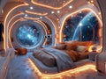 Space-themed bedroom with galaxy murals spaceship bed Royalty Free Stock Photo