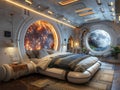 Space-themed bedroom with galaxy murals spaceship bed Royalty Free Stock Photo