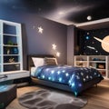 A space-themed bedroom with glow-in-the-dark stars on the ceiling, spaceship-themed furniture, and celestial wall murals3 Royalty Free Stock Photo