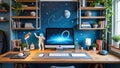 Space-themed home office with astronaut figure and modern desk setup Royalty Free Stock Photo