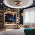 A space-themed playroom with a rocket ship reading nook and interactive planetary wall art2 Royalty Free Stock Photo