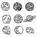 Space-themed set of 8 planets and 1 asteroid, black and white