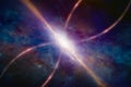 Space-time warping concept, bright quasar in deep space