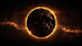 In space, the total solar eclipse appears as the moon perfectly covers the sun, creating a halo of light around it Royalty Free Stock Photo