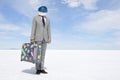 Space Tourist Businessman Traveling on Moon Voyage with Suitcase Royalty Free Stock Photo