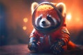 Space tourist explorer Red Panda bear in an orange spacesuit suit