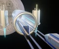 space train, interplanetary transportation with railway connected planet earth to the moon Royalty Free Stock Photo