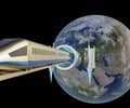 space train, interplanetary transportation with railway connected planet earth to the moon Royalty Free Stock Photo