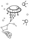 Space transport, aliens in the sky. Constellation and comet raster. Cartoon children coloring, black and white Royalty Free Stock Photo