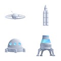 Space transport icons set cartoon vector. Space station ship moon and mars rover