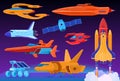 Space transport set, science fiction spaceship and shuttle launch, futuristic technologies, vector illustration