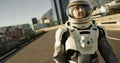 Space, travel and astronaut in city with discovery, future dystopia or planet for mission. Earth, aerospace suit and