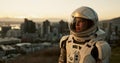 Space, travel and astronaut in city with future dystopia, suit and walking on planet in discovery. Science, aerospace