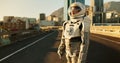 Space, travel and astronaut in city with street, future dystopia and planet for discovery. Earth, aerospace mission and