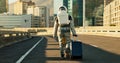 Space, travel and astronaut in city with vacation, future dystopia and discovery with luggage. Earth, aerospace mission