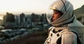 Space, travel and astronaut in city with view, future dystopia and planet discovery in suit. Earth, aerospace mission