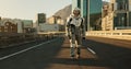 Space, travel and astronaut in city with walk, future dystopia and planet for discovery. Earth, aerospace mission and