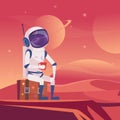 Space travel. Astronaut sitting on suitcase on moon fantasy landscape. Vector background Royalty Free Stock Photo