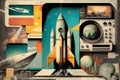 Space travel collage with space rocket, astronaut and planets. Elements of this image furnished by NASA