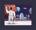 Space travel, galaxy and cosmos, tours to the moon vector illustration. Astronaut with suitecase waving in outer space