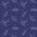 Space travel line icons. Elements of ufo, comet, planet, satellite. Seamless pattern. Royalty Free Stock Photo