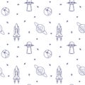 Space travel line icons. Elements of ufo, comet, planet, satellite. Seamless pattern.