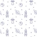 Space travel line icons. Elements of ufo, comet, planet, satellite. Seamless pattern. Royalty Free Stock Photo