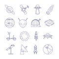 Space travel line icons. Set of elements of planets, space ships, ufo, satellite, spyglass and other cosmos pictograms. Royalty Free Stock Photo