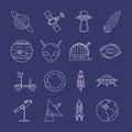 Space travel line icons. Set of elements of planets, space ships, ufo, satellite, spyglass and other cosmos pictograms Royalty Free Stock Photo