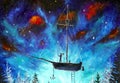 Space travel on a pirate ship Peter Pan watercolor painting on acrylic on canvas Royalty Free Stock Photo