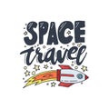 Space travel vector illustration. Cosmos discovery and exploration poster. Doodle style, cartoon design. Cute background