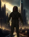 Space traveler exploring an alien abandoned city