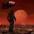 Space traveler exploring a new planet with a spaceship above him Royalty Free Stock Photo