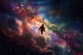 space traveler, floating through the majestic nebula, with view of colorful and chaotic galaxy in the background Royalty Free Stock Photo