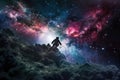 space traveler, floating through the majestic nebula, with view of colorful and chaotic galaxy in the background Royalty Free Stock Photo