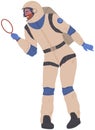 Space traveler in professional costume. Astronaut, spaceman with loupe exploring universe