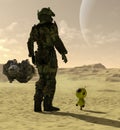 Space traveler with a small robot exploring a new planet