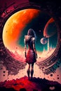 Space traveler woman on an alien planet standing in front of time travel portal. The concept of space travel. Generative AI Royalty Free Stock Photo