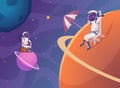 Space travellers. Astronaut walking and relaxing on different moon surfaces. Vector cartoon template