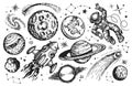 Space trip concept. Galaxy drawing set. Spaceship, astronaut, planets and stars sketch vintage vector illustration