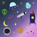 Space UFO elements set rocket, alien, planets, earth, telescope, UFO, constellation, stars, moon, spaceship Royalty Free Stock Photo