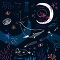 Space underwater scene with unicorn, whale, Moon and stars. Doodle childish 