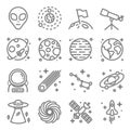 Space vector line icon set. Including Alien, Galaxy, Spaceship, Astronaut and more