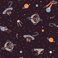 Space vector seamless pattern. Space fabric design with rockets, stars and satellites. Royalty Free Stock Photo