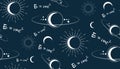 Space vector seamless pattern with physical speed of light formula E=MC2. Moon, sun, stars, orbits, Planes. Magic pagan Wicca sign Royalty Free Stock Photo