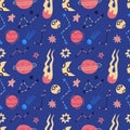 Space vector seamless pattern of planets, orbits, flying saucer, stars. Cartoon flat style cosmos background. Vector illustration Royalty Free Stock Photo