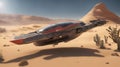 A space vehicle glides over a foreign land that has sand, rocks, and cacti. The vehicle is a red and silver speeder