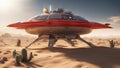 A space vehicle glides over a foreign land that has sand, rocks, and cacti. The vehicle is a red and sliver