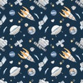 Space watercolor seamless pattern with space technology, lunar rover, satellite, rocket, planets, comet on a blue background