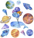 Space Whale watercolor fantasy whale on milky way solar system flying blue Rockets Planents Earth character drawing illustration g